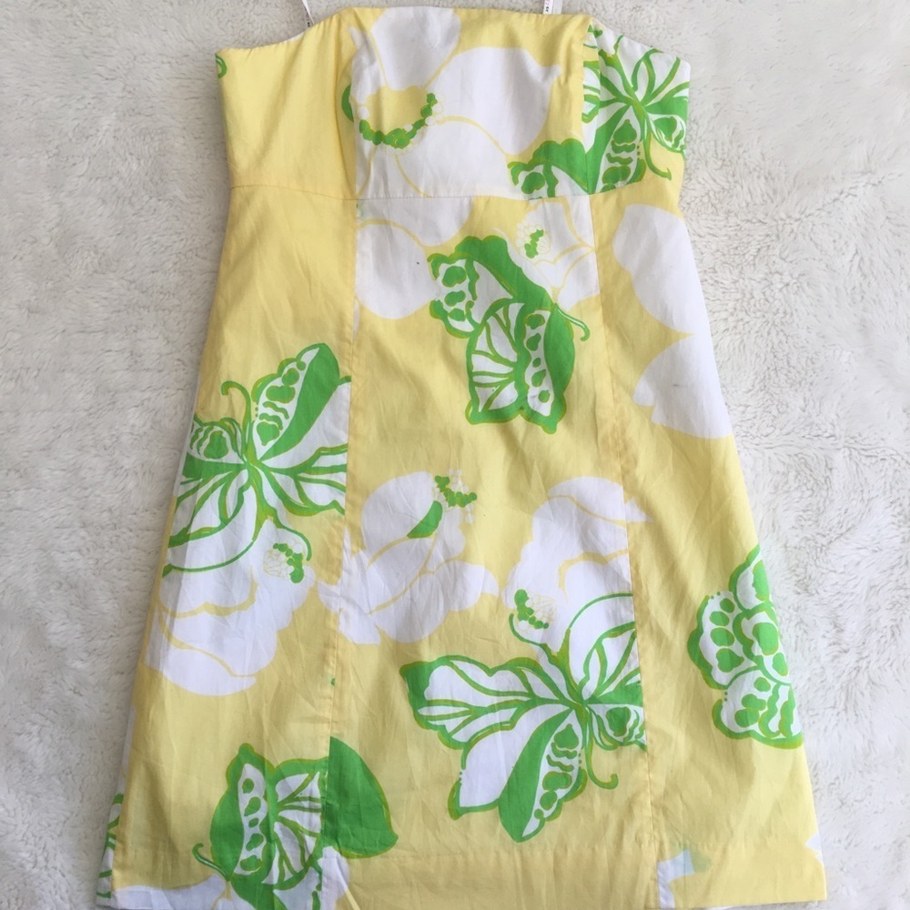 Lilly Pulitzer Yellow Strapless Floral Dress with Green and White Print